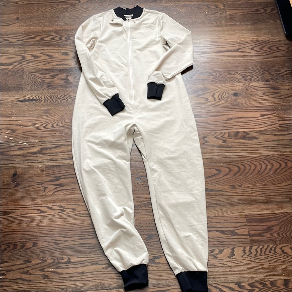 Oiselle Beige Long Sleeve Zippered Jumpsuit with Black Accents